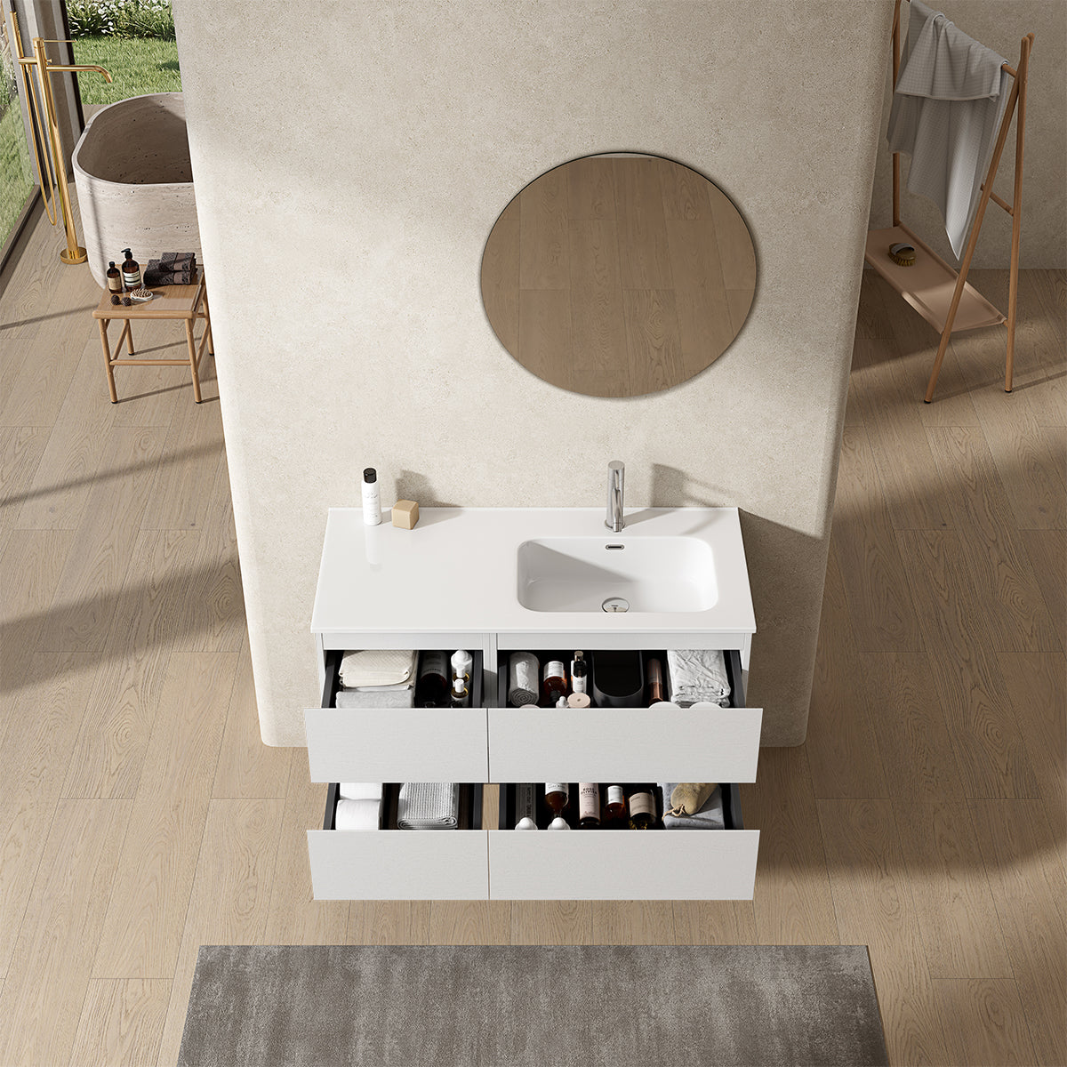 Mobile bagno sospeso 100 cm Bianco Lavabo a Destra in Ceramica Specchio Tondo - Fiji Wood