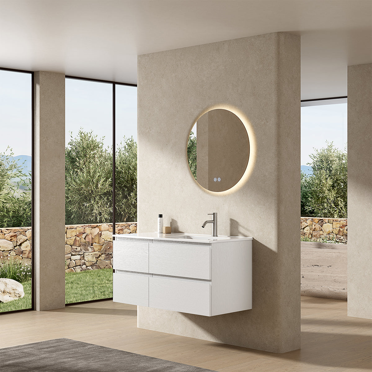 Mobile bagno sospeso 100 cm Bianco Lavabo a Destra in Ceramica Specchio Tondo Retroilluminato - Fiji Wood