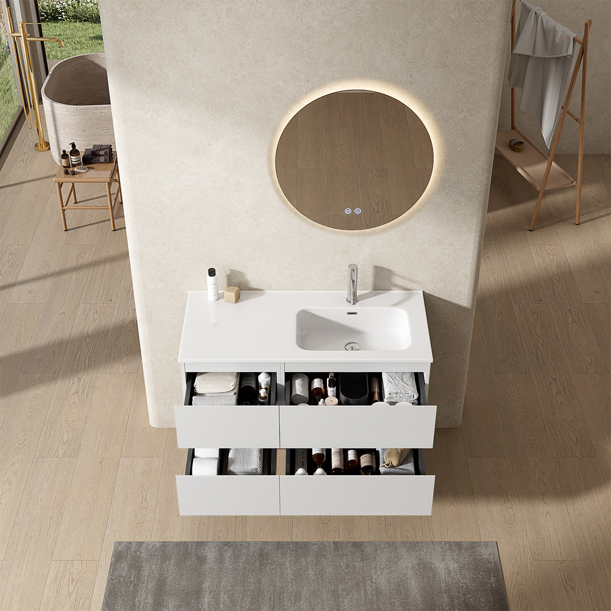 Mobile bagno sospeso 100 cm Bianco Lavabo a Destra in Ceramica Specchio Tondo Retroilluminato - Fiji Wood