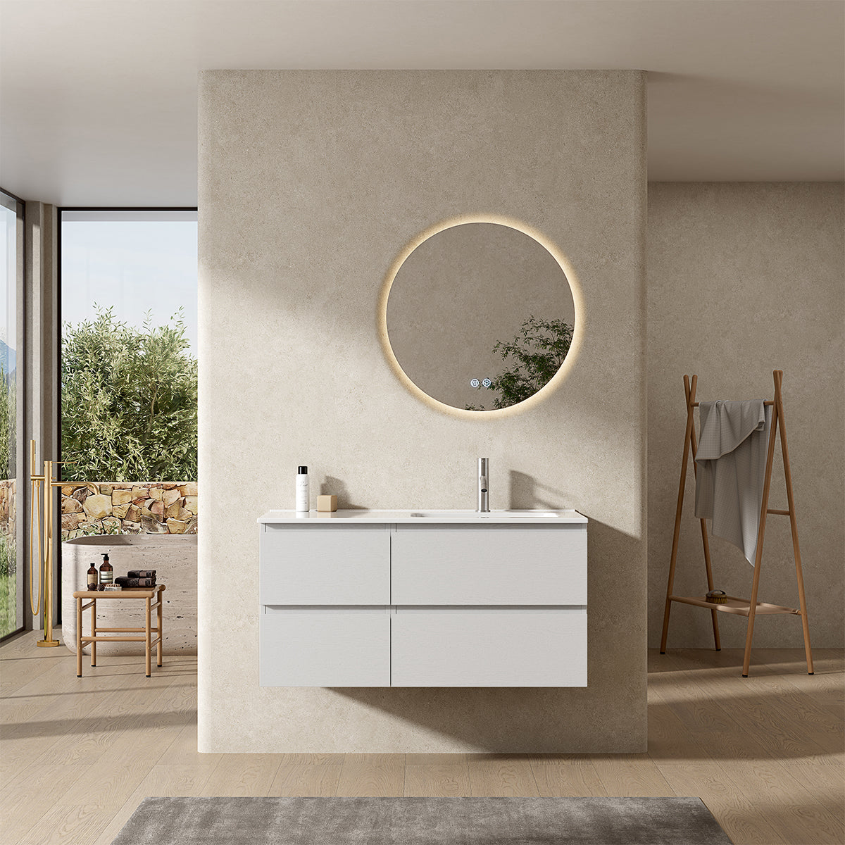 Mobile bagno sospeso 100 cm Bianco Lavabo a Destra in Ceramica Specchio Tondo Retroilluminato - Fiji Wood