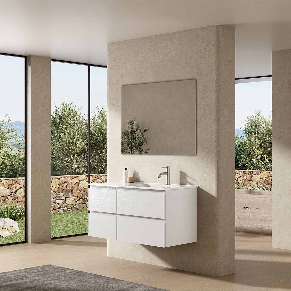 Mobile bagno sospeso 100 cm Bianco Lavabo a Destra in Ceramica Specchio Quadro - Fiji Wood