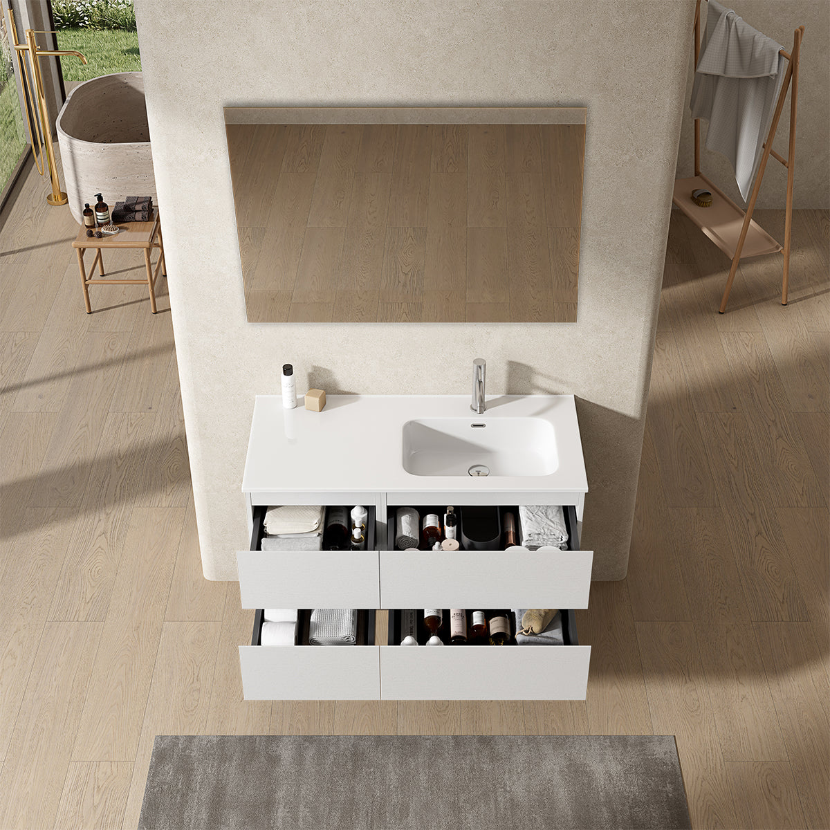 Mobile bagno sospeso 100 cm Bianco Lavabo a Destra in Ceramica Specchio Quadro - Fiji Wood