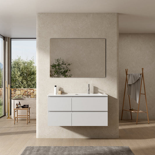 Mobile bagno sospeso 100 cm Bianco Lavabo a Destra in Ceramica Specchio Quadro - Fiji Wood