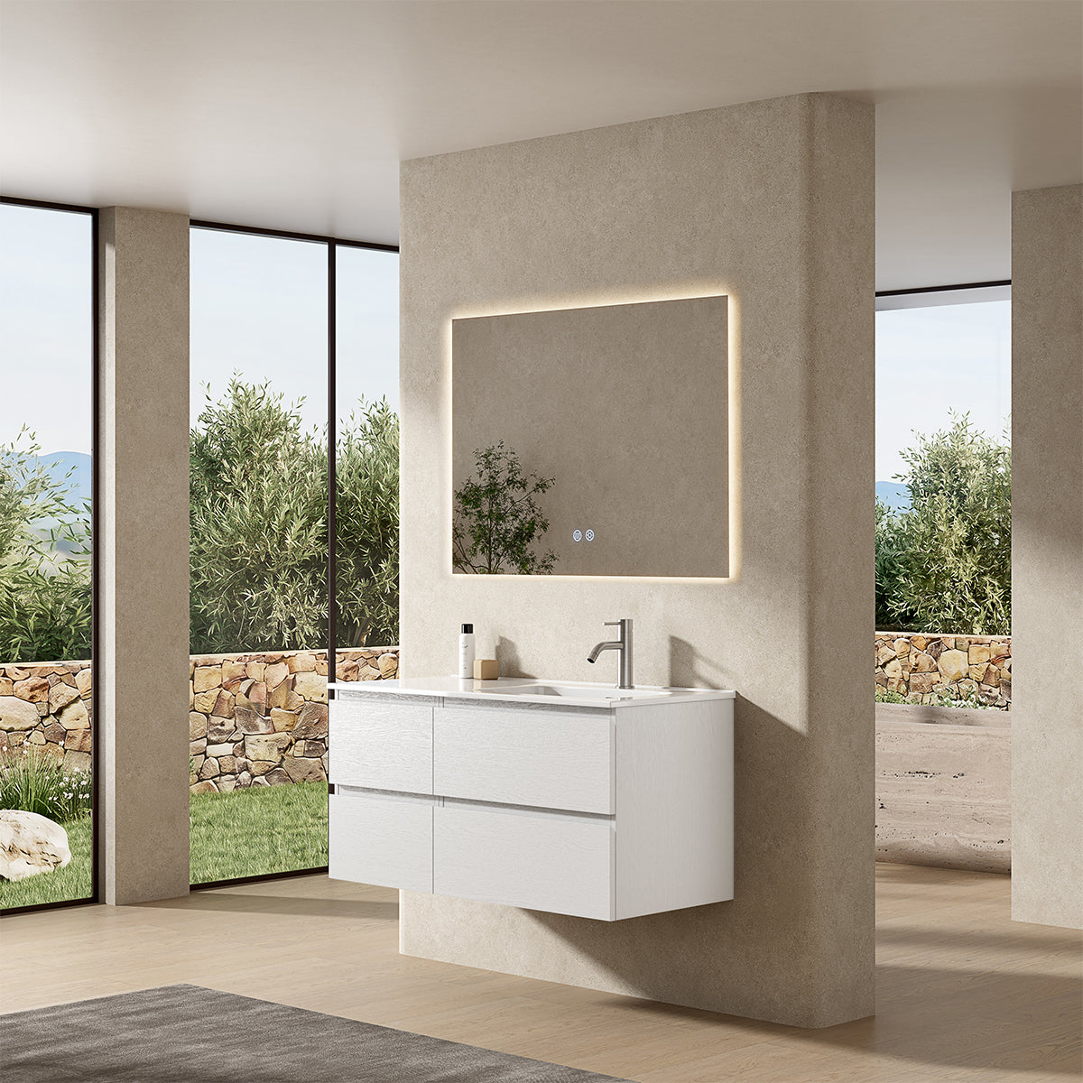Mobile bagno sospeso 100 cm Bianco Lavabo a Destra in Ceramica Specchio Quadro Retroilluminato - Fiji Wood