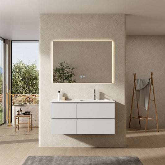 Mobile bagno sospeso 100 cm Bianco Lavabo a Destra in Ceramica Specchio Quadro Retroilluminato - Fiji Wood