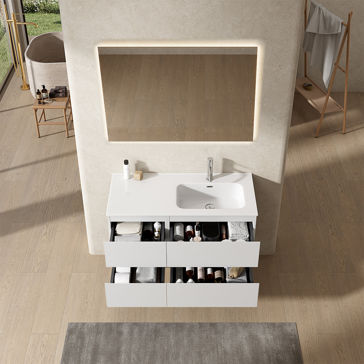 Mobile bagno sospeso 100 cm Bianco Lavabo a Destra in Ceramica Specchio Quadro Retroilluminato - Fiji Wood