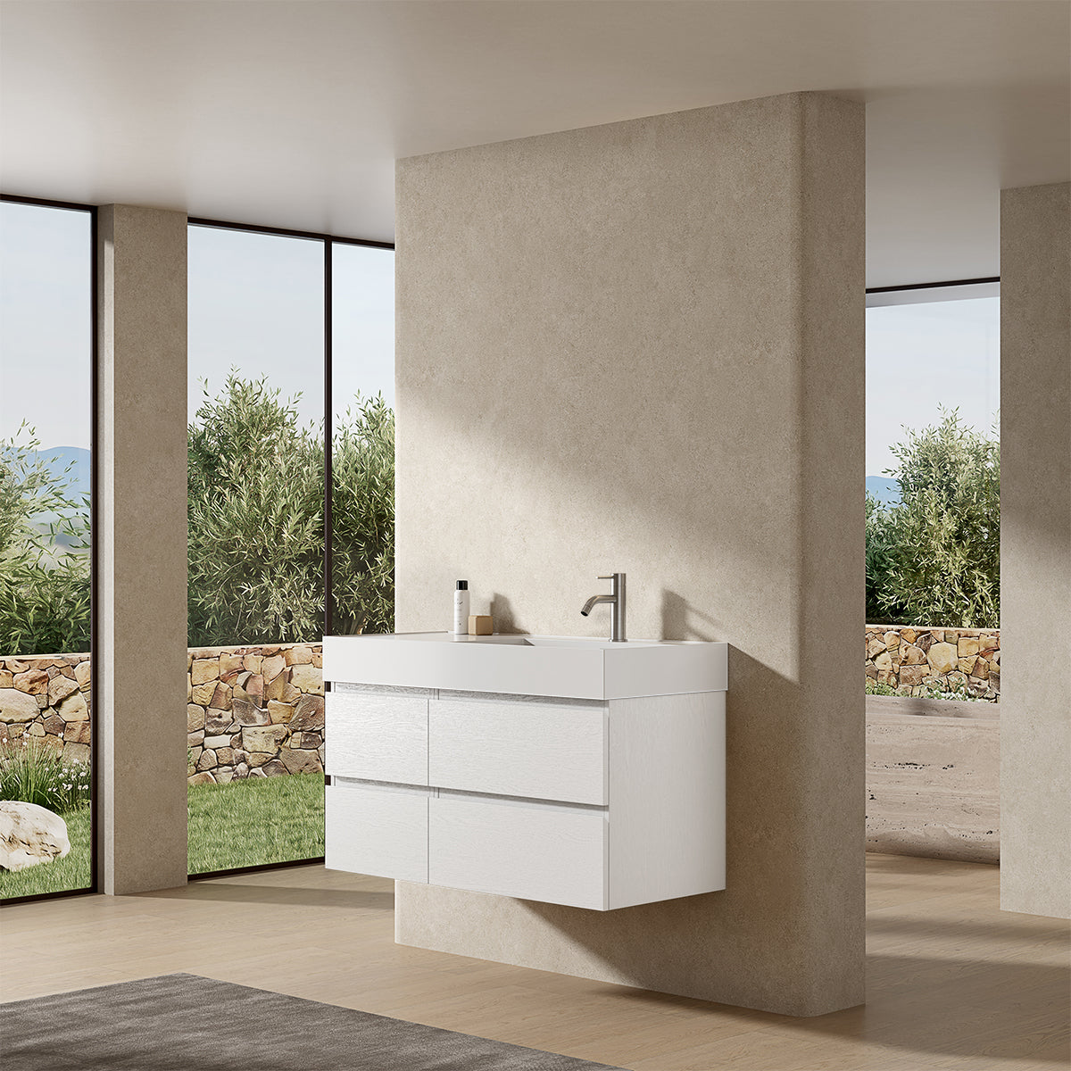 Mobile bagno sospeso 100 cm Bianco Lavabo a Destra in Resina Senza Specchio - Fiji Wood