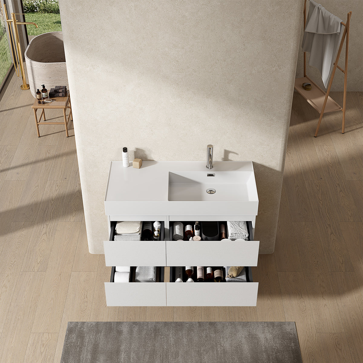 Mobile bagno sospeso 100 cm Bianco Lavabo a Destra in Resina Senza Specchio - Fiji Wood