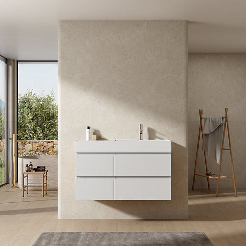 Mobile bagno sospeso 100 cm Bianco Lavabo a Destra in Resina Senza Specchio - Fiji Wood