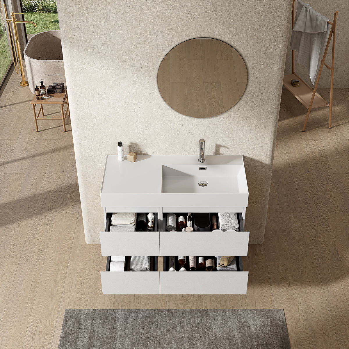 Mobile bagno sospeso 100 cm Bianco Lavabo a Destra in Resina Specchio Tondo - Fiji Wood