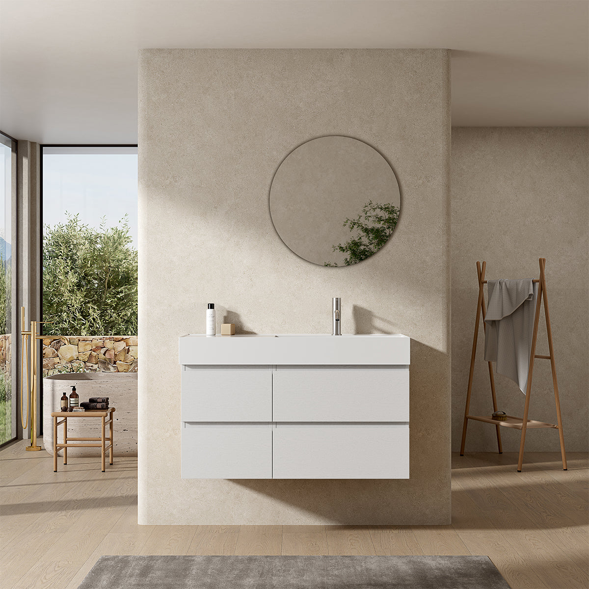 Mobile bagno sospeso 100 cm Bianco Lavabo a Destra in Resina Specchio Tondo - Fiji Wood