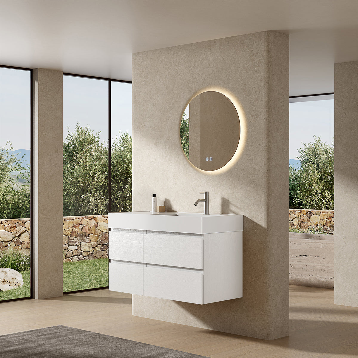 Mobile bagno sospeso 100 cm Bianco Lavabo a Destra in Resina Specchio Tondo Retroilluminato - Fiji Wood