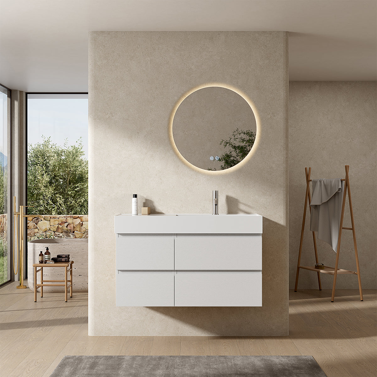 Mobile bagno sospeso 100 cm Bianco Lavabo a Destra in Resina Specchio Tondo Retroilluminato - Fiji Wood