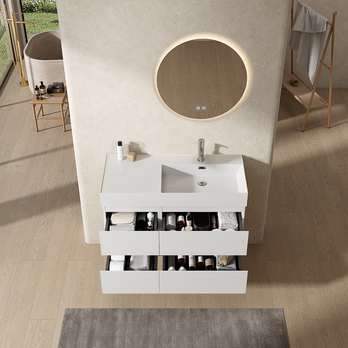 Mobile bagno sospeso 100 cm Bianco Lavabo a Destra in Resina Specchio Tondo Retroilluminato - Fiji Wood