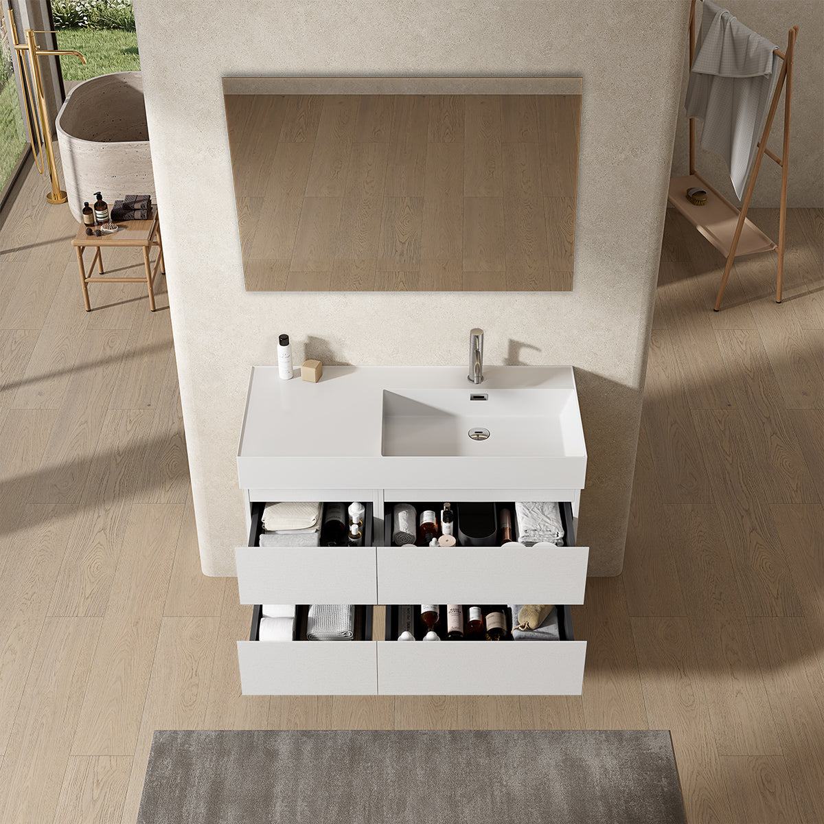 Mobile bagno sospeso 100 cm Bianco Lavabo a Destra in Resina Specchio Quadro - Fiji Wood
