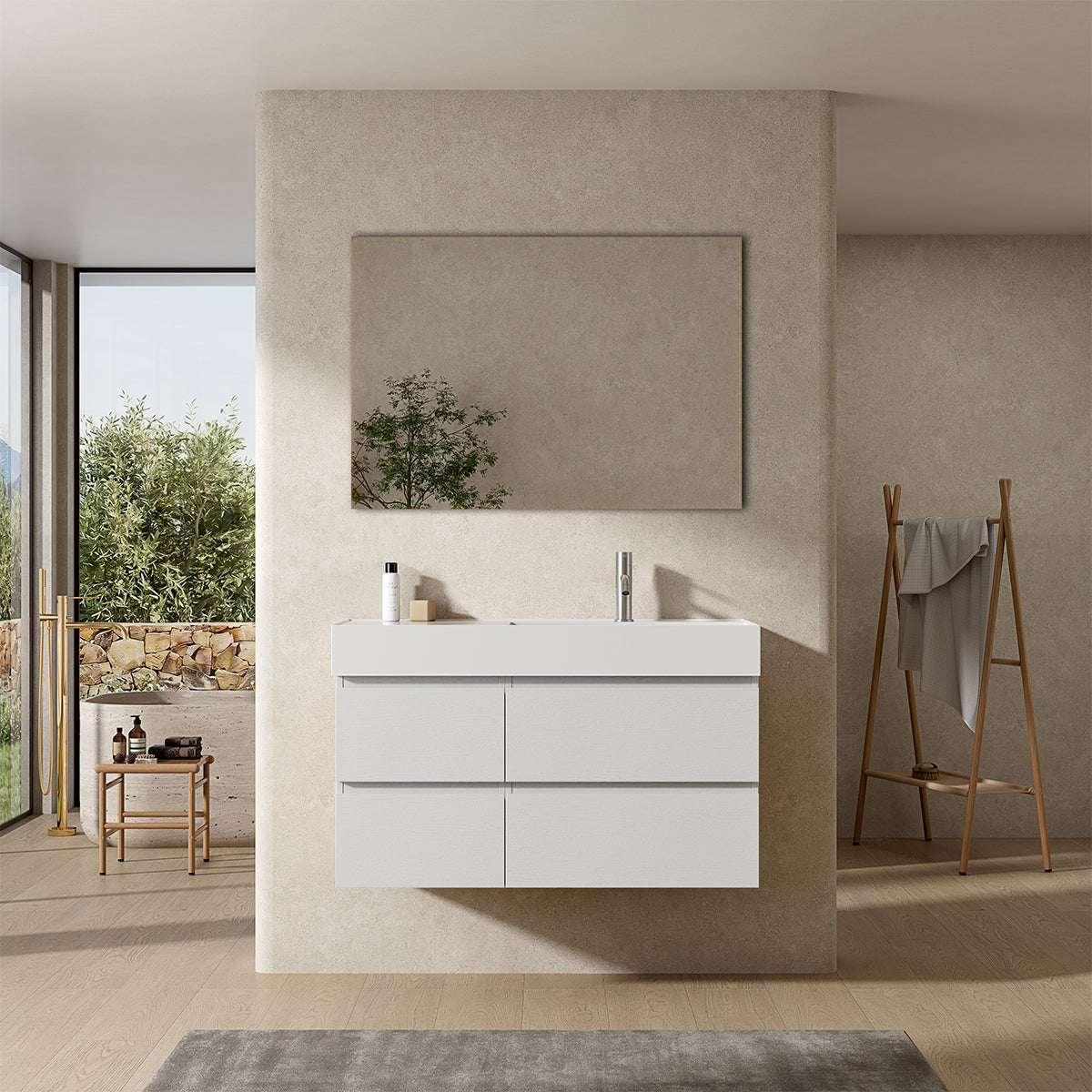 Mobile bagno sospeso 100 cm Bianco Lavabo a Destra in Resina Specchio Quadro - Fiji Wood