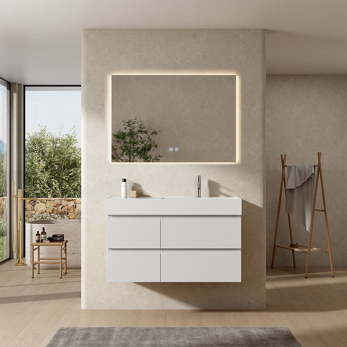 Mobile bagno sospeso 100 cm Bianco Lavabo a Destra in Resina Specchio Quadro Retroilluminato - Fiji Wood