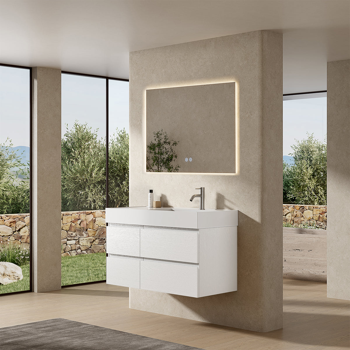 Mobile bagno sospeso 100 cm Bianco Lavabo a Destra in Resina Specchio Quadro Retroilluminato - Fiji Wood