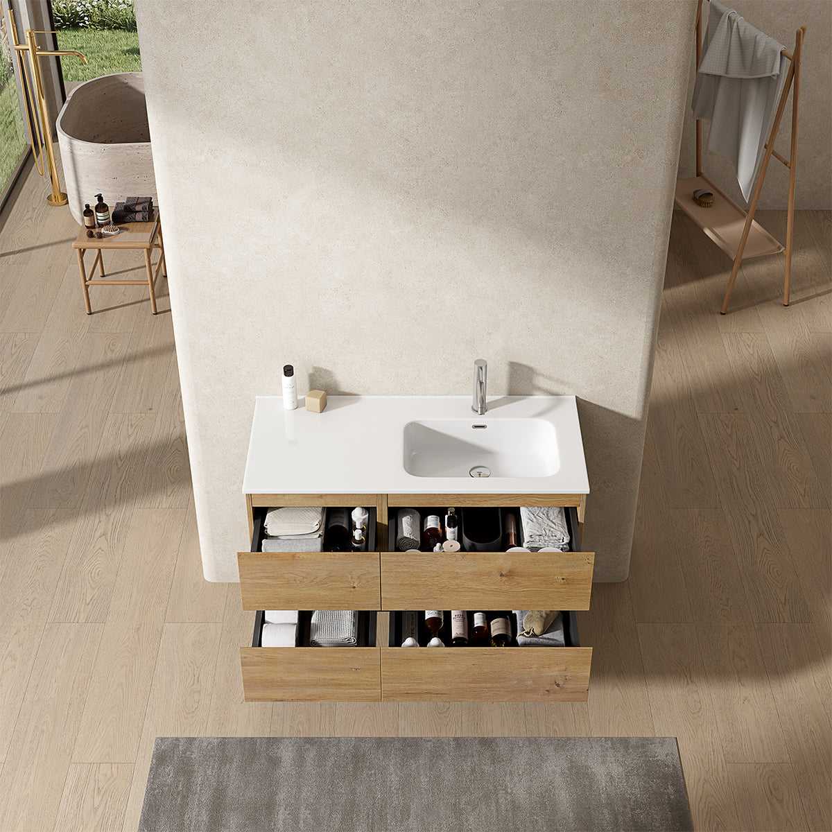 Mobile bagno sospeso 100 cm Bruno Medio Lavabo a Destra in Ceramica Senza Specchio - Fiji Wood