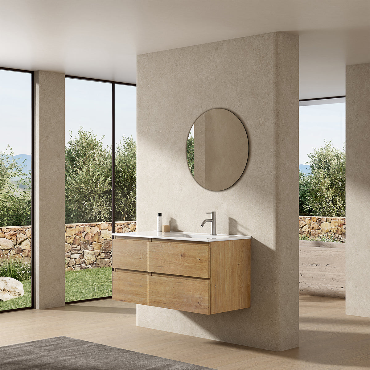 Mobile bagno sospeso 100 cm Bruno Medio Lavabo a Destra in Ceramica Specchio Tondo - Fiji Wood