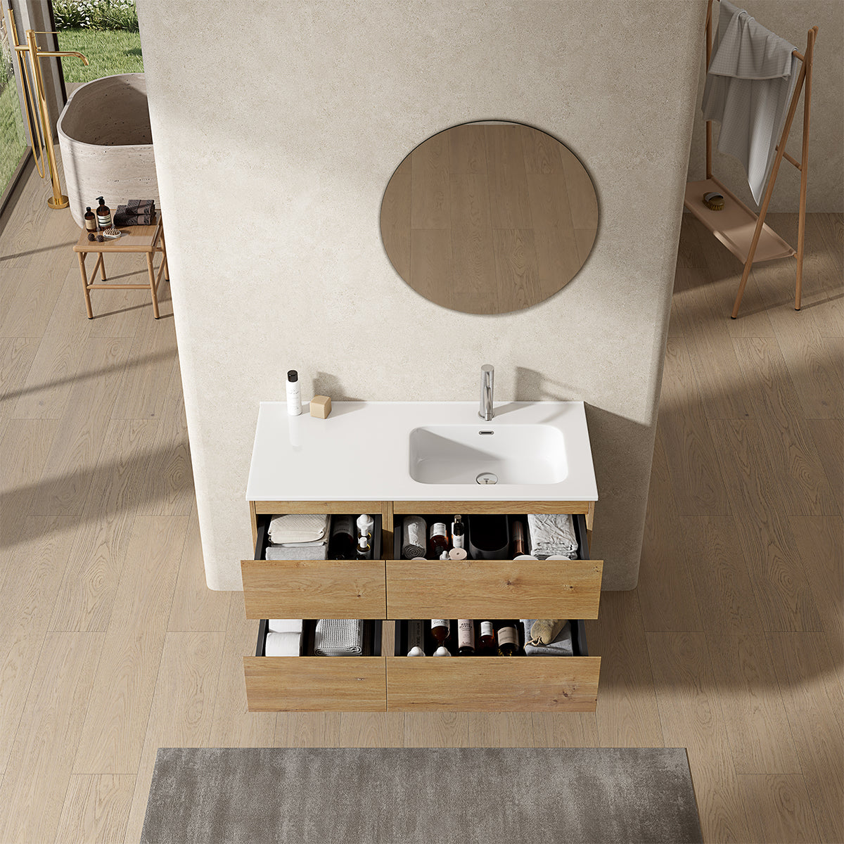 Mobile bagno sospeso 100 cm Bruno Medio Lavabo a Destra in Ceramica Specchio Tondo - Fiji Wood