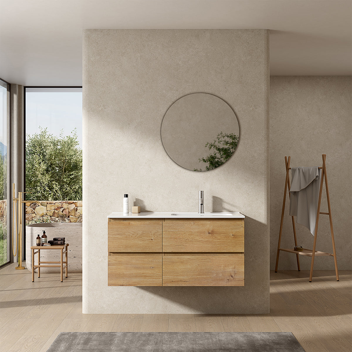 Mobile bagno sospeso 100 cm Bruno Medio Lavabo a Destra in Ceramica Specchio Tondo - Fiji Wood