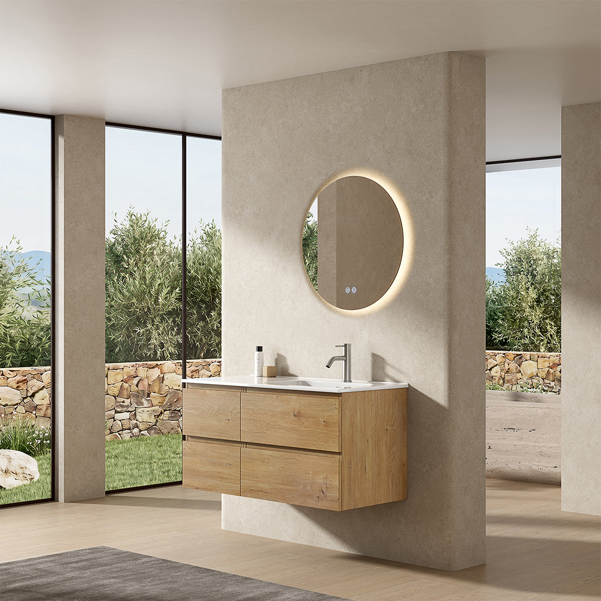 Mobile bagno sospeso 100 cm Bruno Medio Lavabo a Destra in Ceramica Specchio Tondo Retroilluminato - Fiji Wood