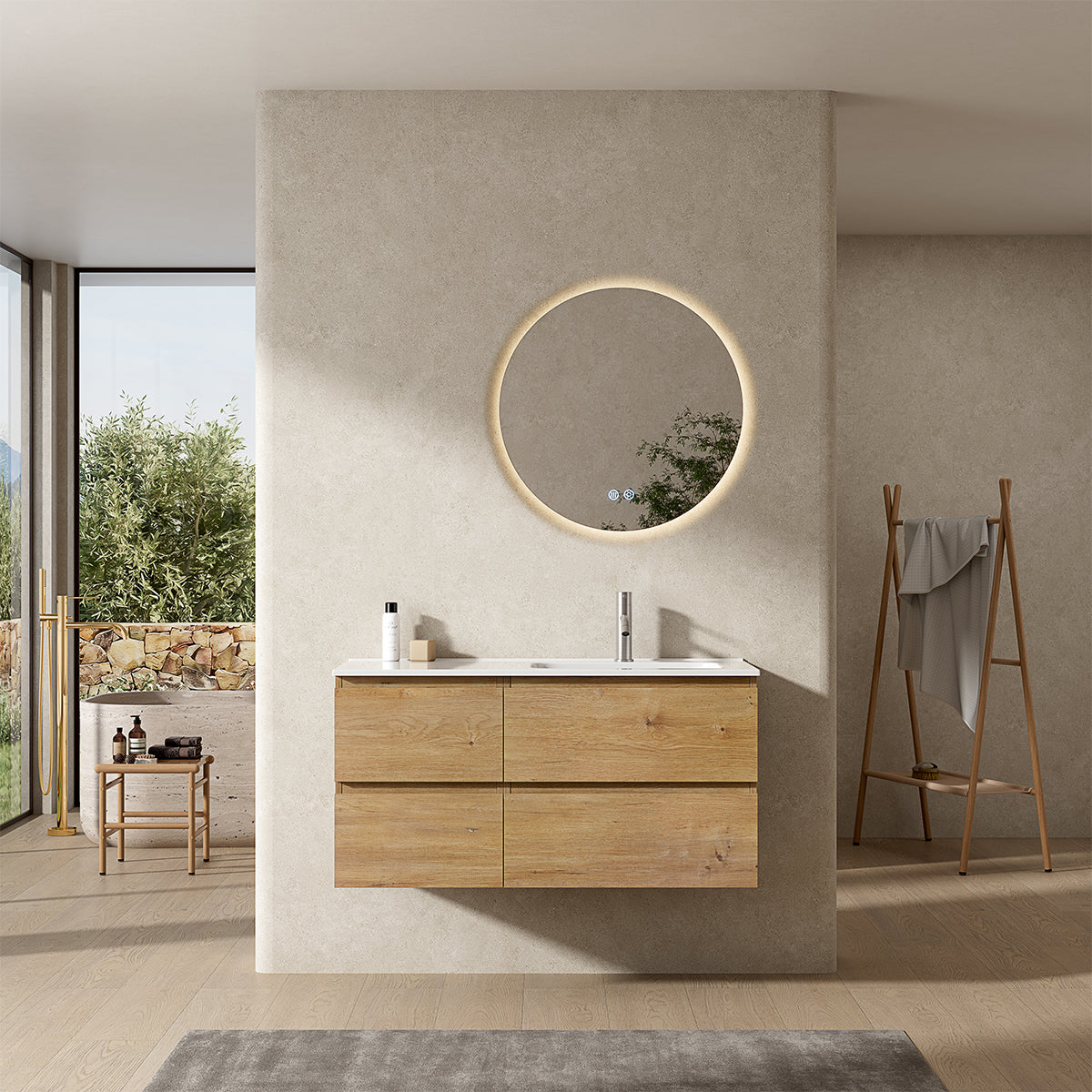 Mobile bagno sospeso 100 cm Bruno Medio Lavabo a Destra in Ceramica Specchio Tondo Retroilluminato - Fiji Wood