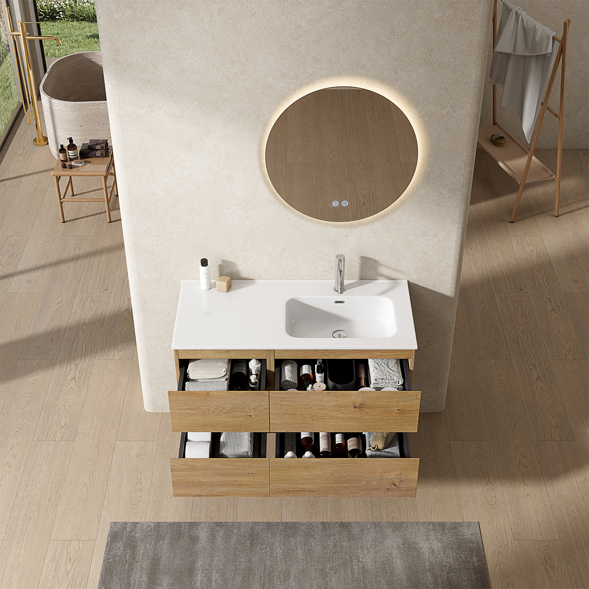 Mobile bagno sospeso 100 cm Bruno Medio Lavabo a Destra in Ceramica Specchio Tondo Retroilluminato - Fiji Wood