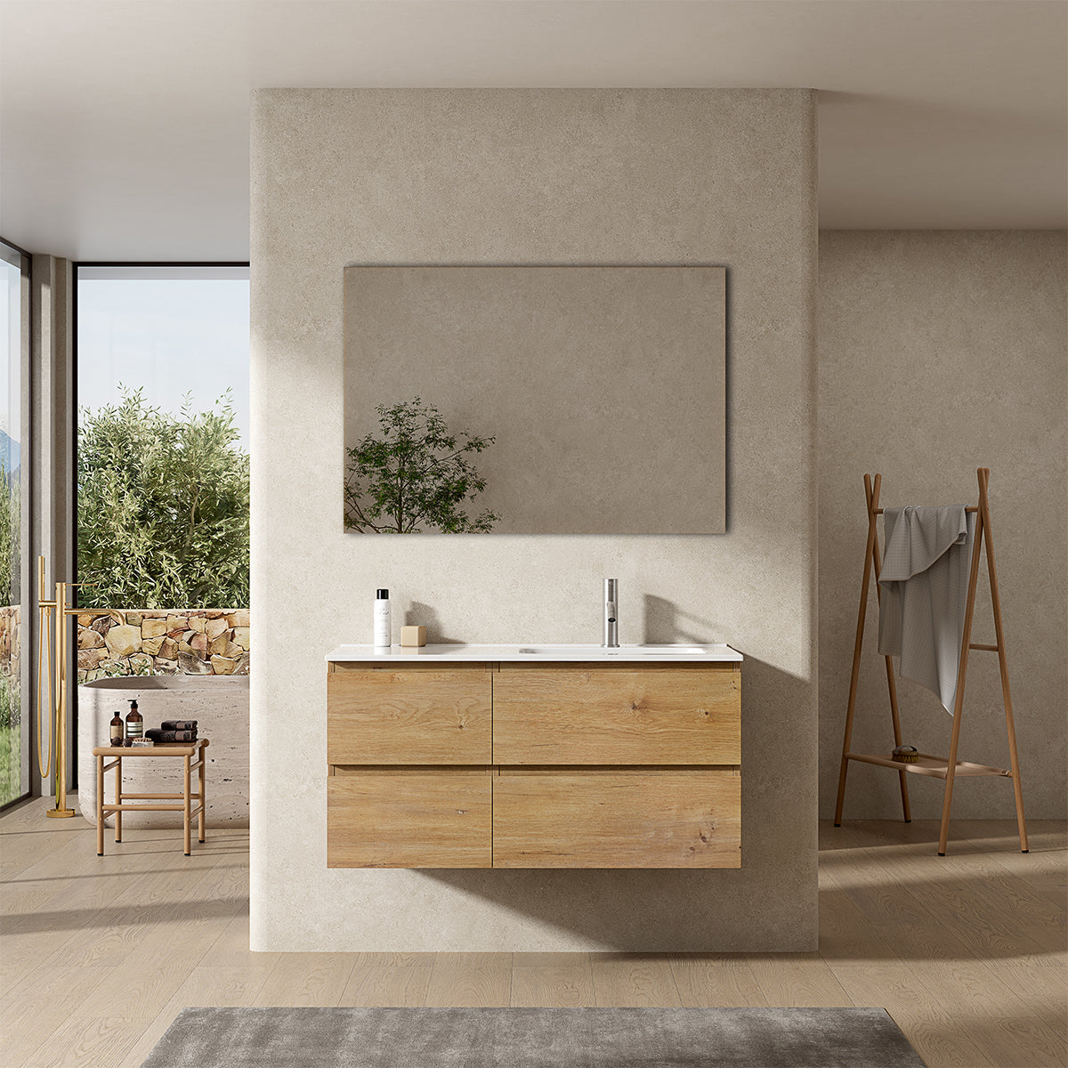 Mobile bagno sospeso 100 cm Bruno Medio Lavabo a Destra in Ceramica Specchio Quadro - Fiji Wood