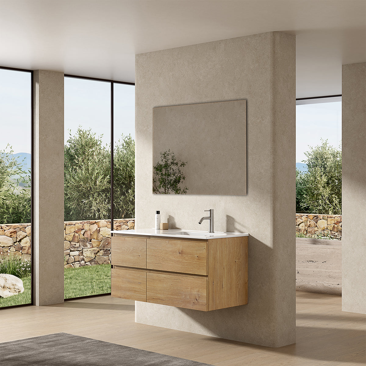 Mobile bagno sospeso 100 cm Bruno Medio Lavabo a Destra in Ceramica Specchio Quadro - Fiji Wood