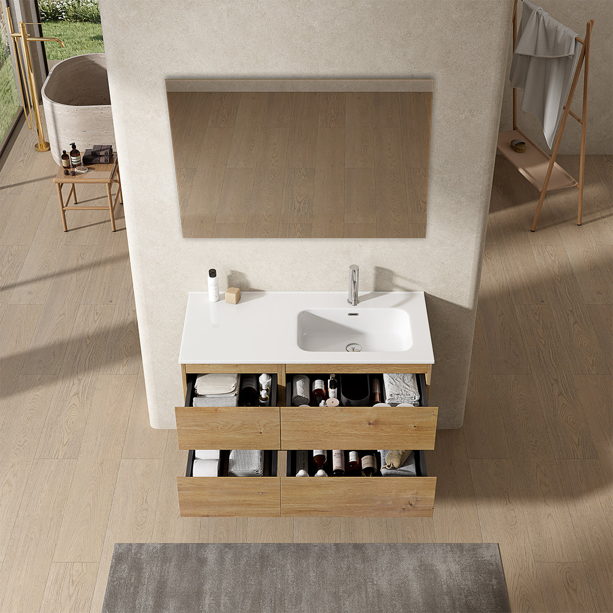 Mobile bagno sospeso 100 cm Bruno Medio Lavabo a Destra in Ceramica Specchio Quadro - Fiji Wood
