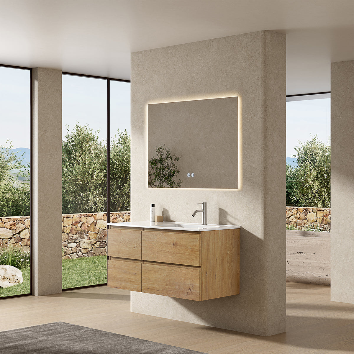 Mobile bagno sospeso 100 cm Bruno Medio Lavabo a Destra in Ceramica Specchio Quadro Retroilluminato - Fiji Wood