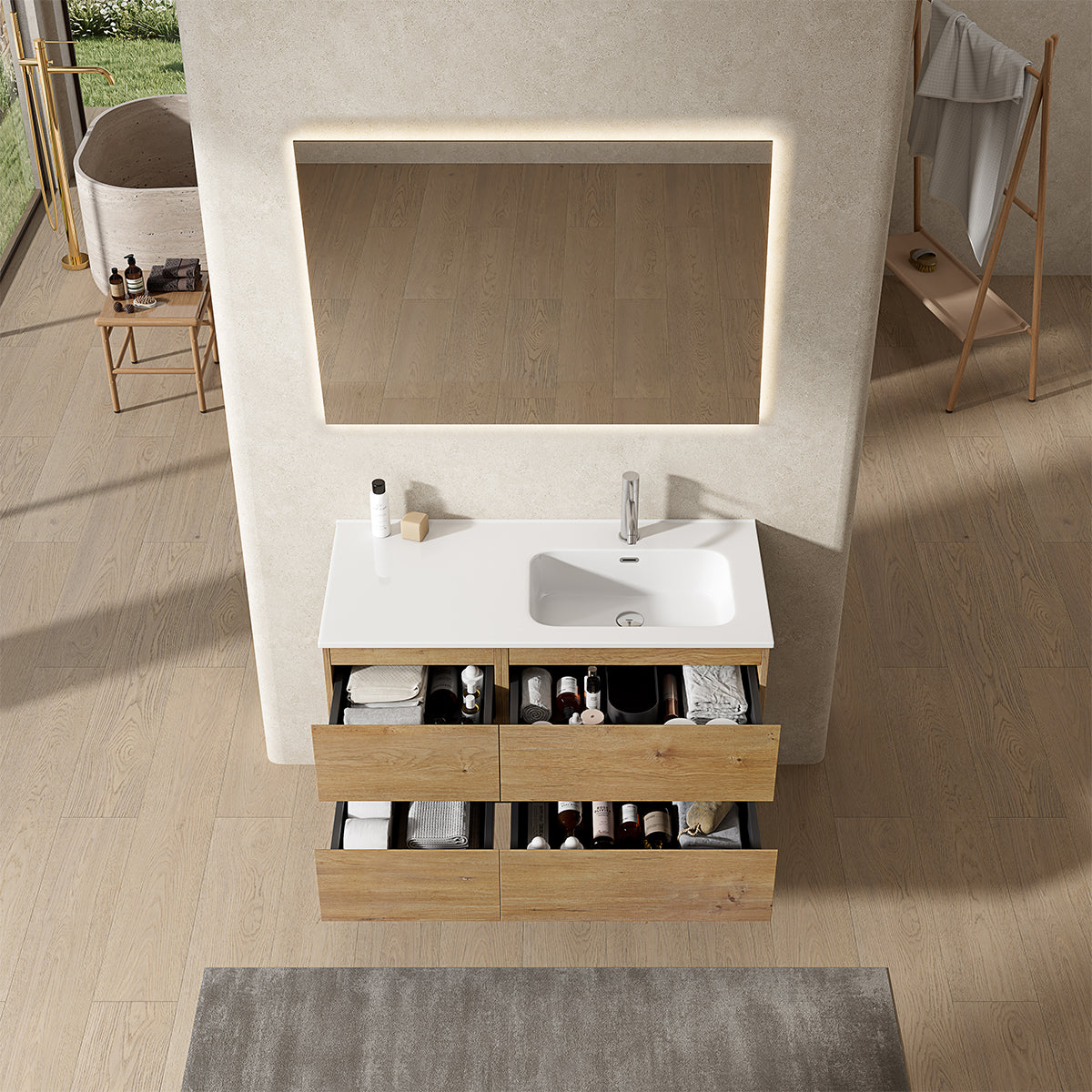 Mobile bagno sospeso 100 cm Bruno Medio Lavabo a Destra in Ceramica Specchio Quadro Retroilluminato - Fiji Wood