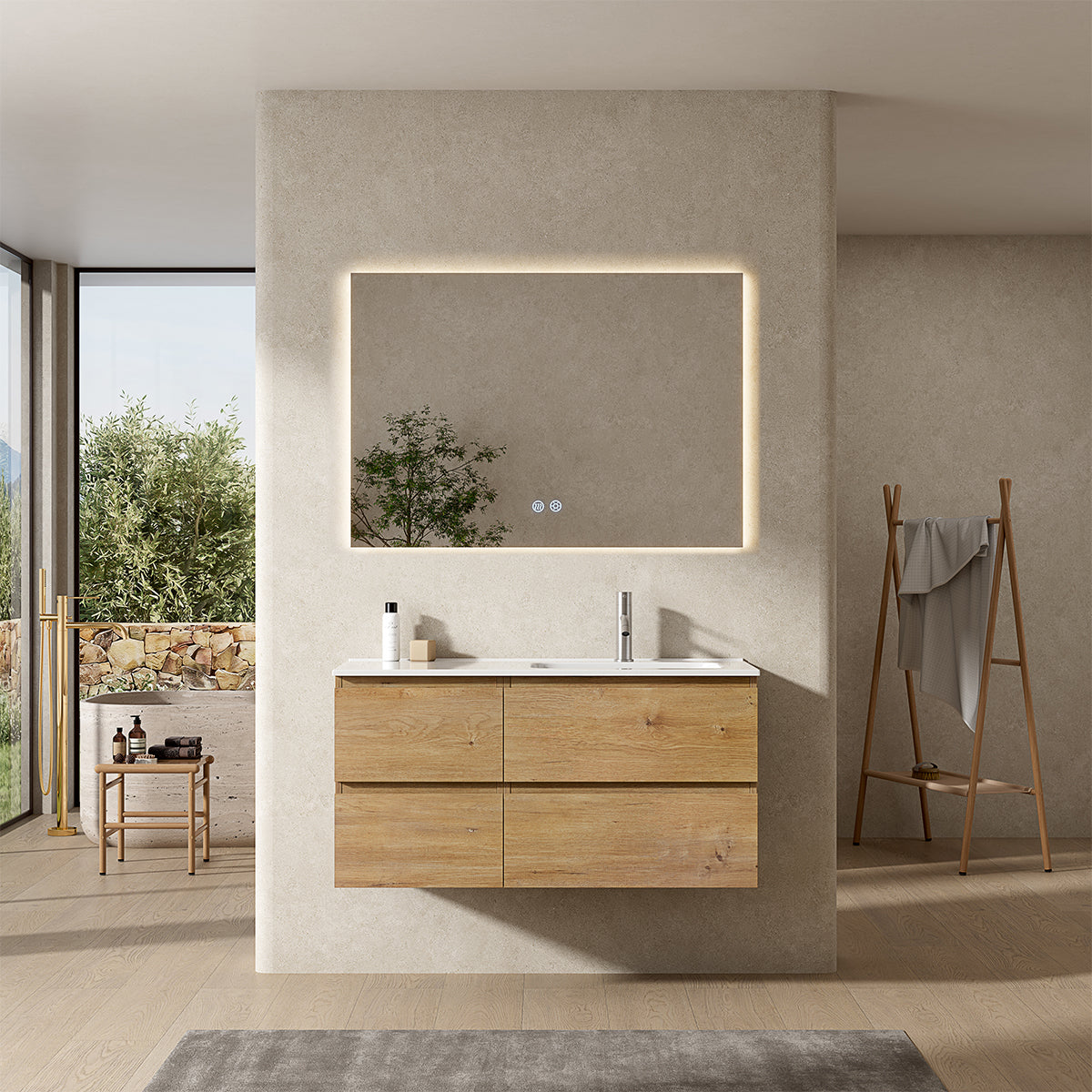 Mobile bagno sospeso 100 cm Bruno Medio Lavabo a Destra in Ceramica Specchio Quadro Retroilluminato - Fiji Wood