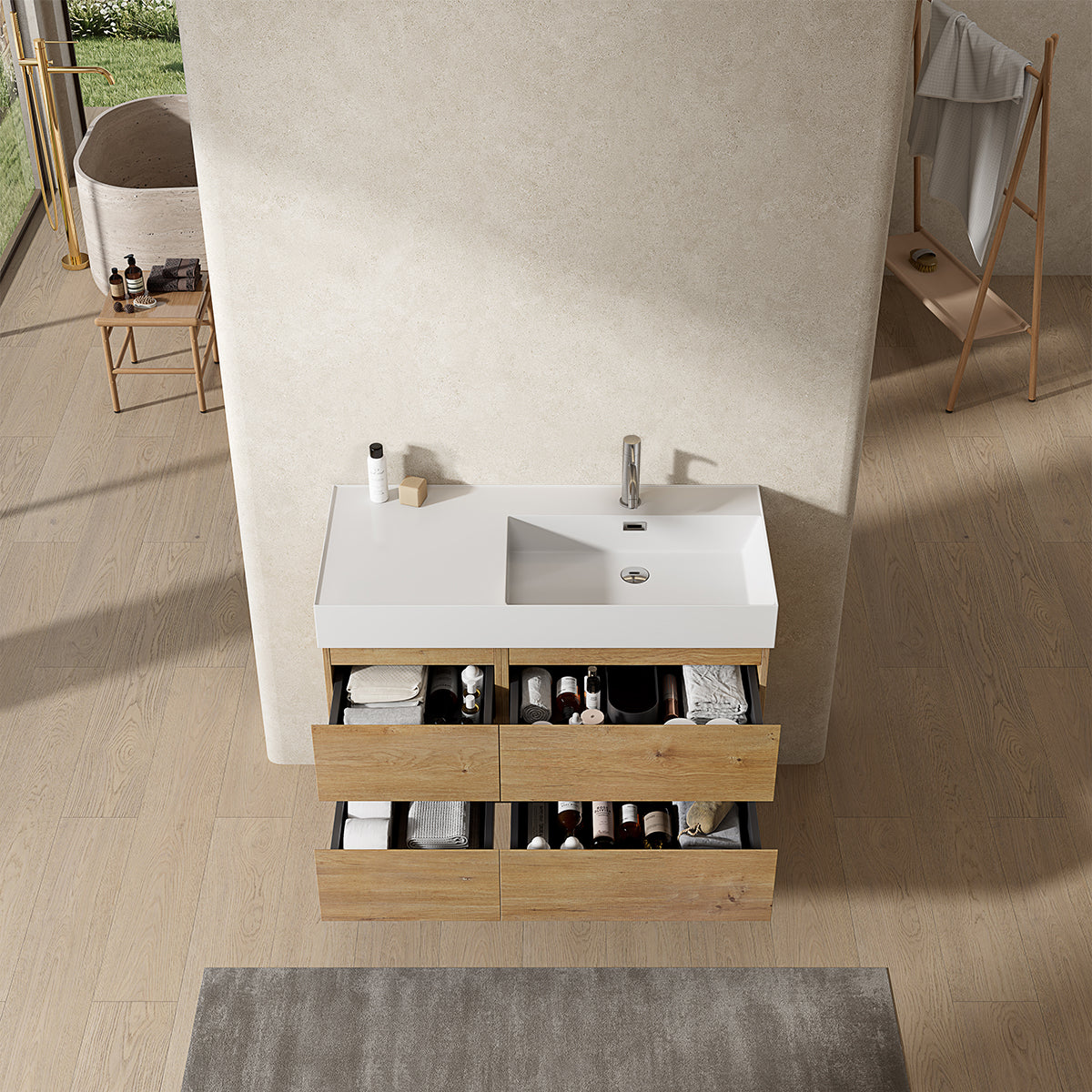Mobile bagno sospeso 100 cm Bruno Medio Lavabo a Destra in Resina Senza Specchio - Fiji Wood