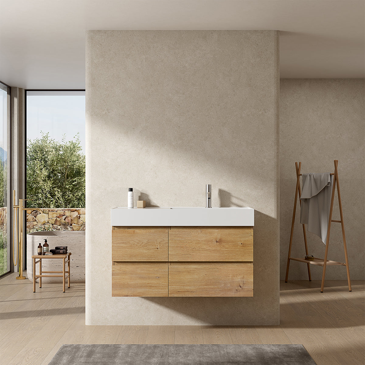 Mobile bagno sospeso 100 cm Bruno Medio Lavabo a Destra in Resina Senza Specchio - Fiji Wood