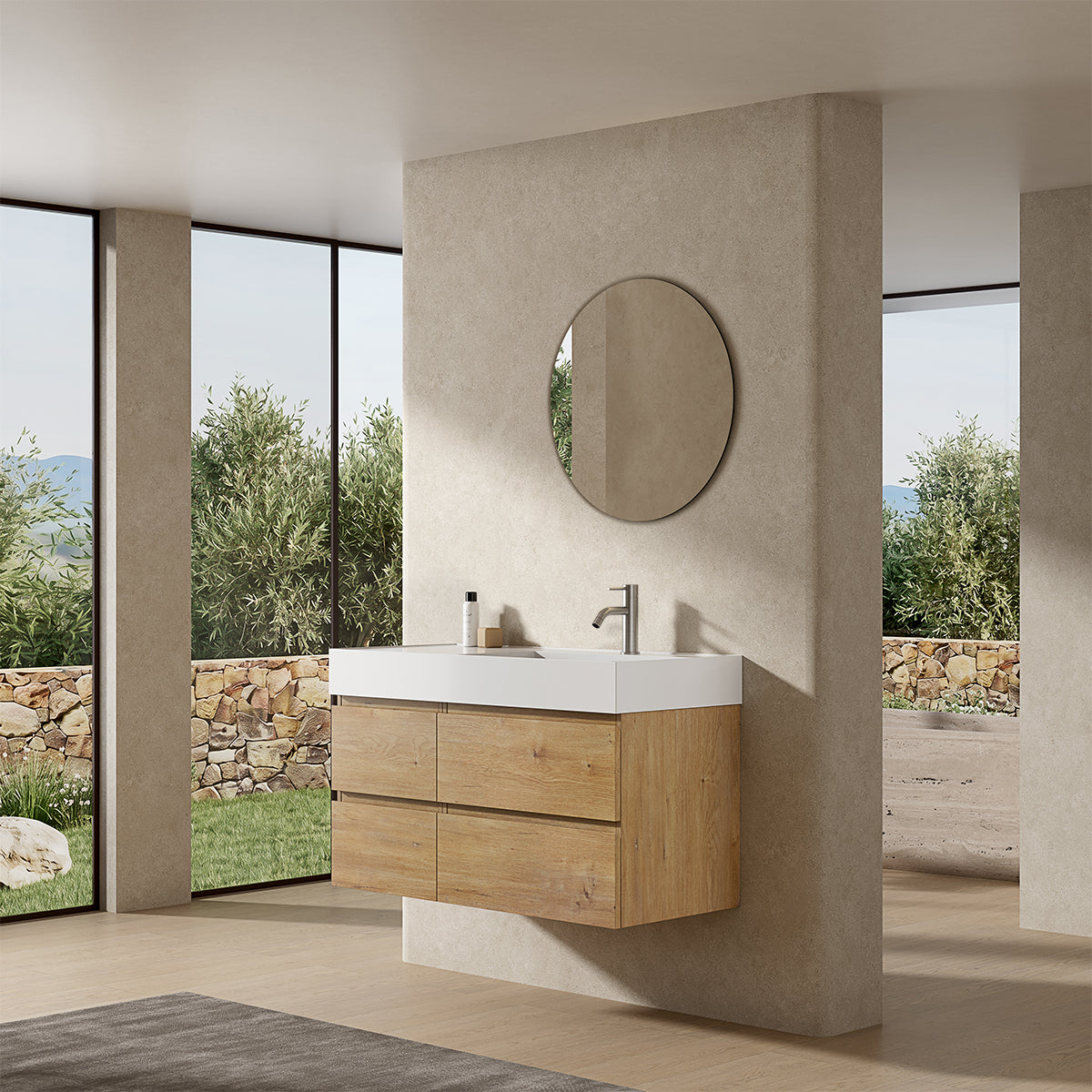 Mobile bagno sospeso 100 cm Bruno Medio Lavabo a Destra in Resina Specchio Tondo - Fiji Wood