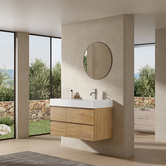 Mobile bagno sospeso 100 cm Bruno Medio Lavabo a Destra in Resina Specchio Tondo - Fiji Wood