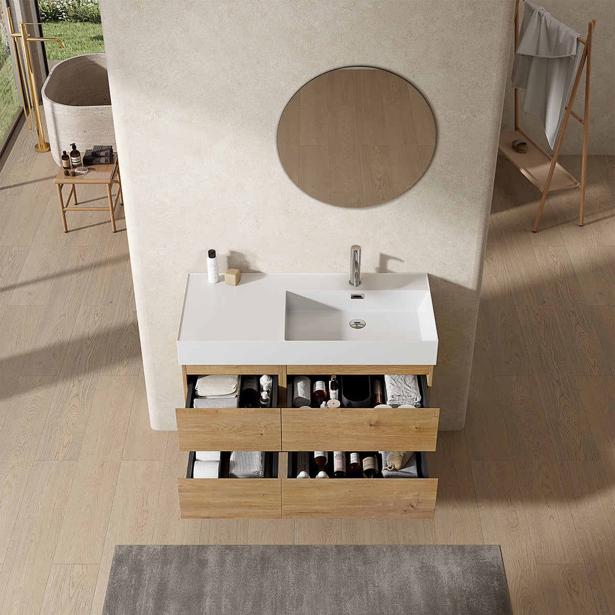 Mobile bagno sospeso 100 cm Bruno Medio Lavabo a Destra in Resina Specchio Tondo - Fiji Wood
