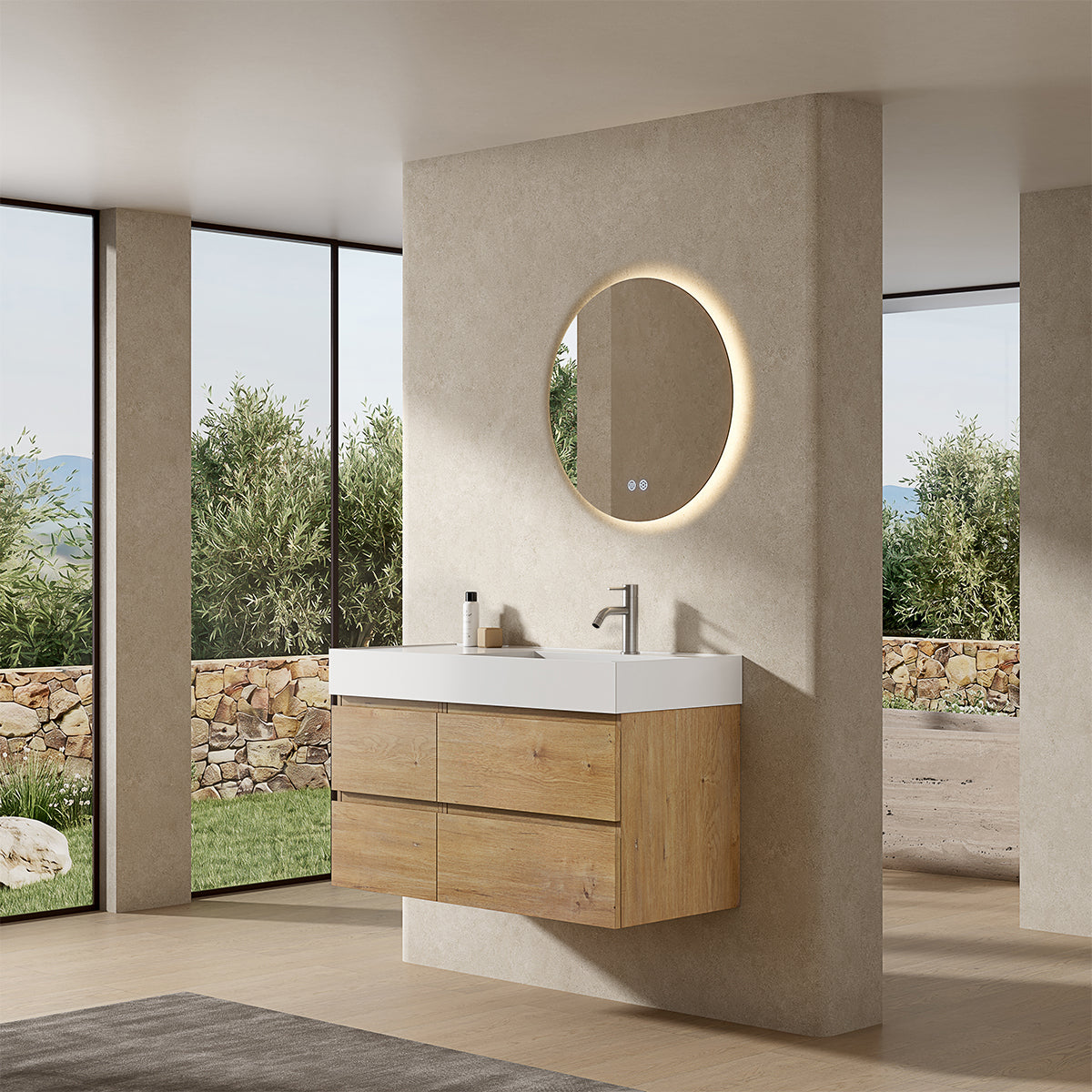 Mobile bagno sospeso 100 cm Bruno Medio Lavabo a Destra in Resina Specchio Tondo Retroilluminato - Fiji Wood