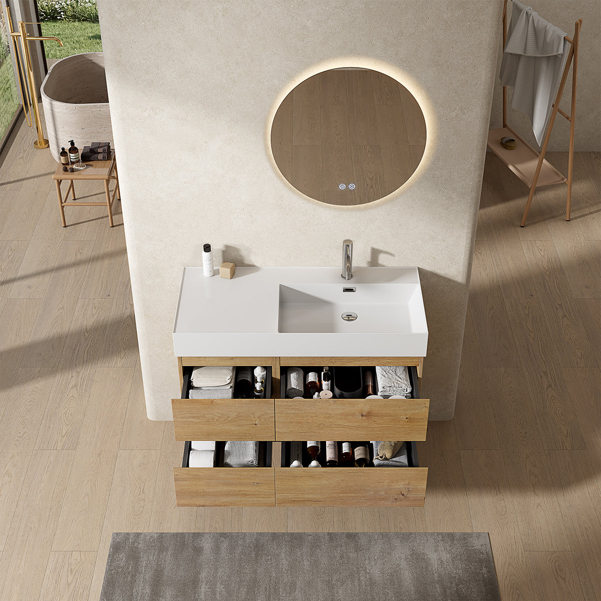 Mobile bagno sospeso 100 cm Bruno Medio Lavabo a Destra in Resina Specchio Tondo Retroilluminato - Fiji Wood
