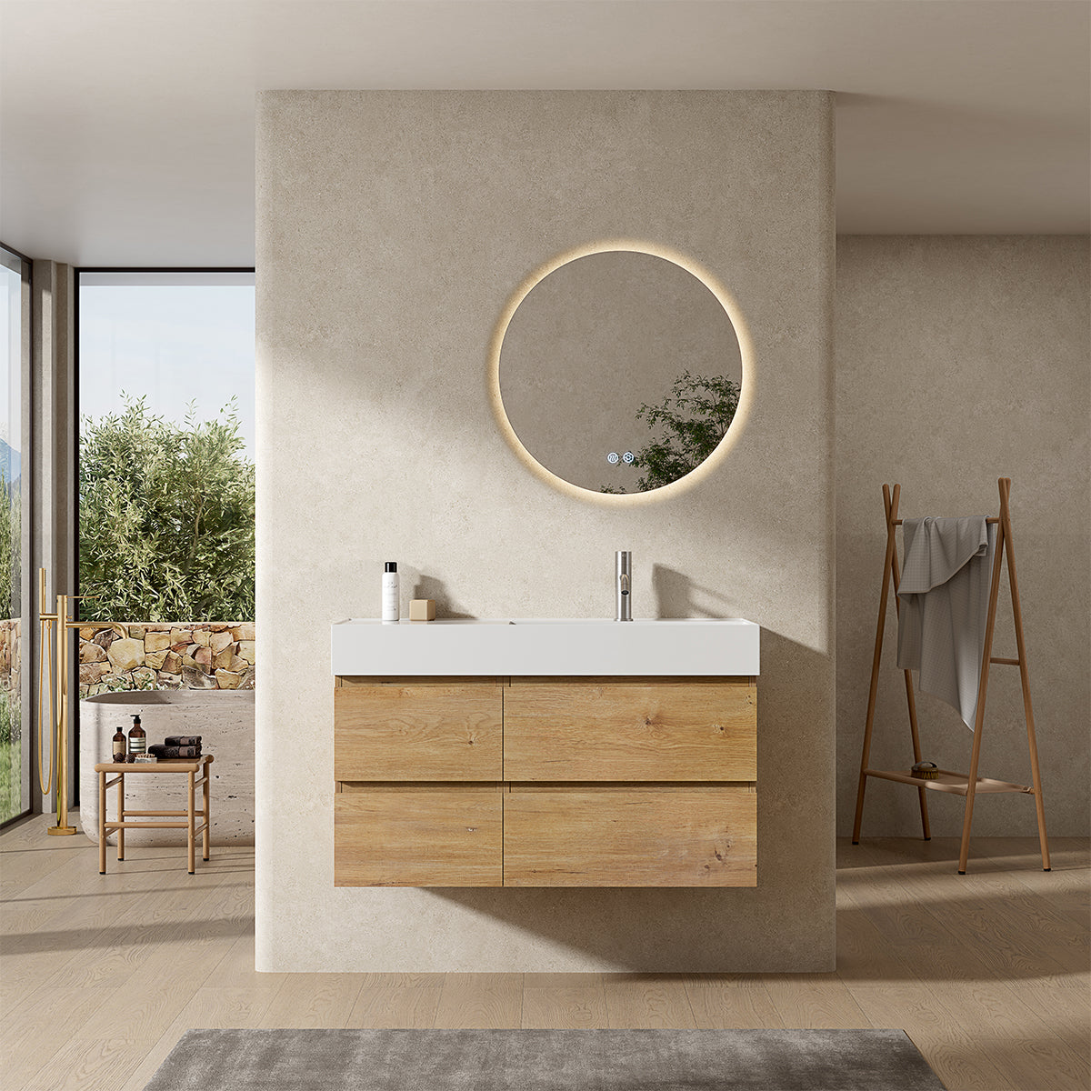 Mobile bagno sospeso 100 cm Bruno Medio Lavabo a Destra in Resina Specchio Tondo Retroilluminato - Fiji Wood