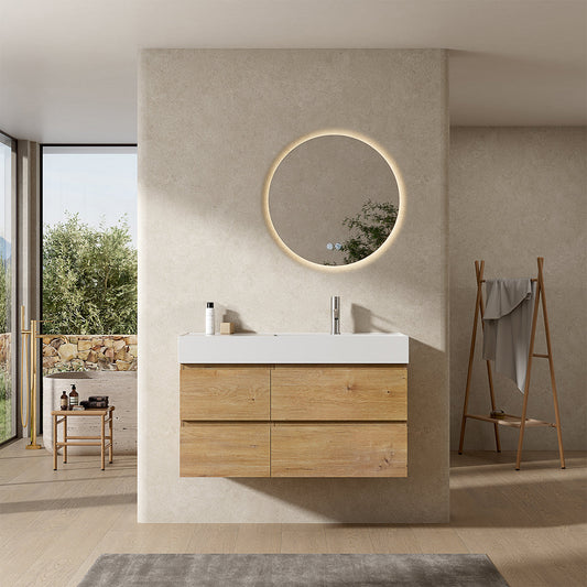 Mobile bagno sospeso 100 cm Bruno Medio Lavabo a Destra in Resina Specchio Tondo Retroilluminato - Fiji Wood