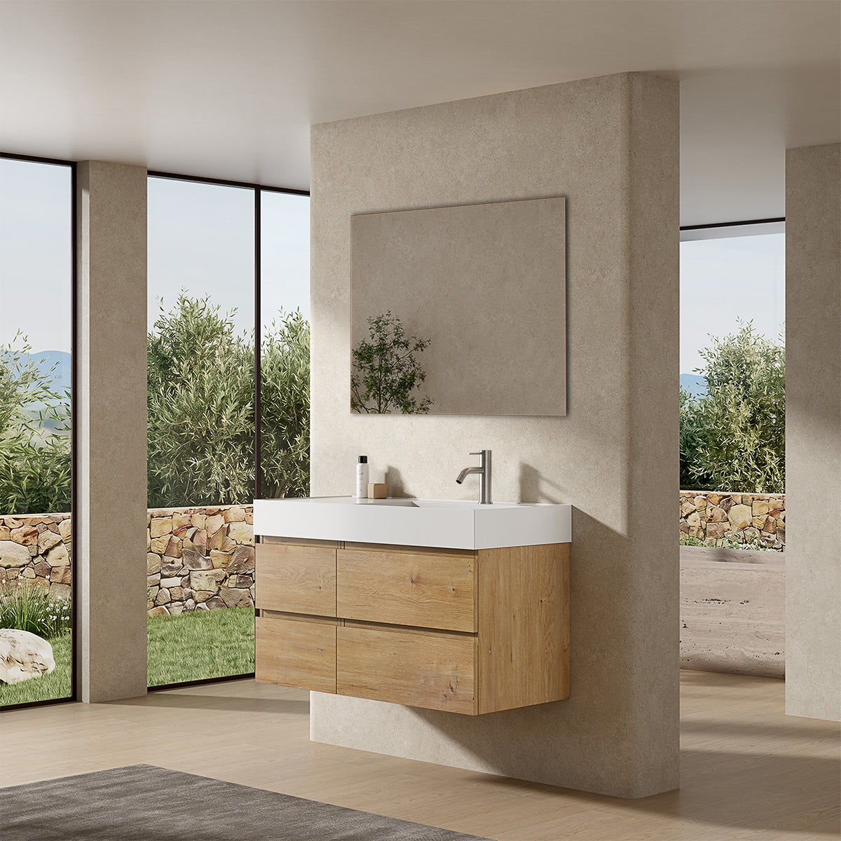 Mobile bagno sospeso 100 cm Bruno Medio Lavabo a Destra in Resina Specchio Quadro - Fiji Wood
