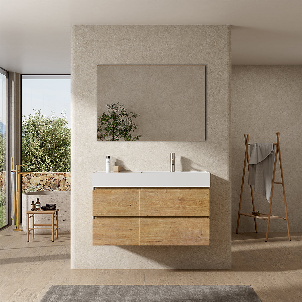 Mobile bagno sospeso 100 cm Bruno Medio Lavabo a Destra in Resina Specchio Quadro - Fiji Wood