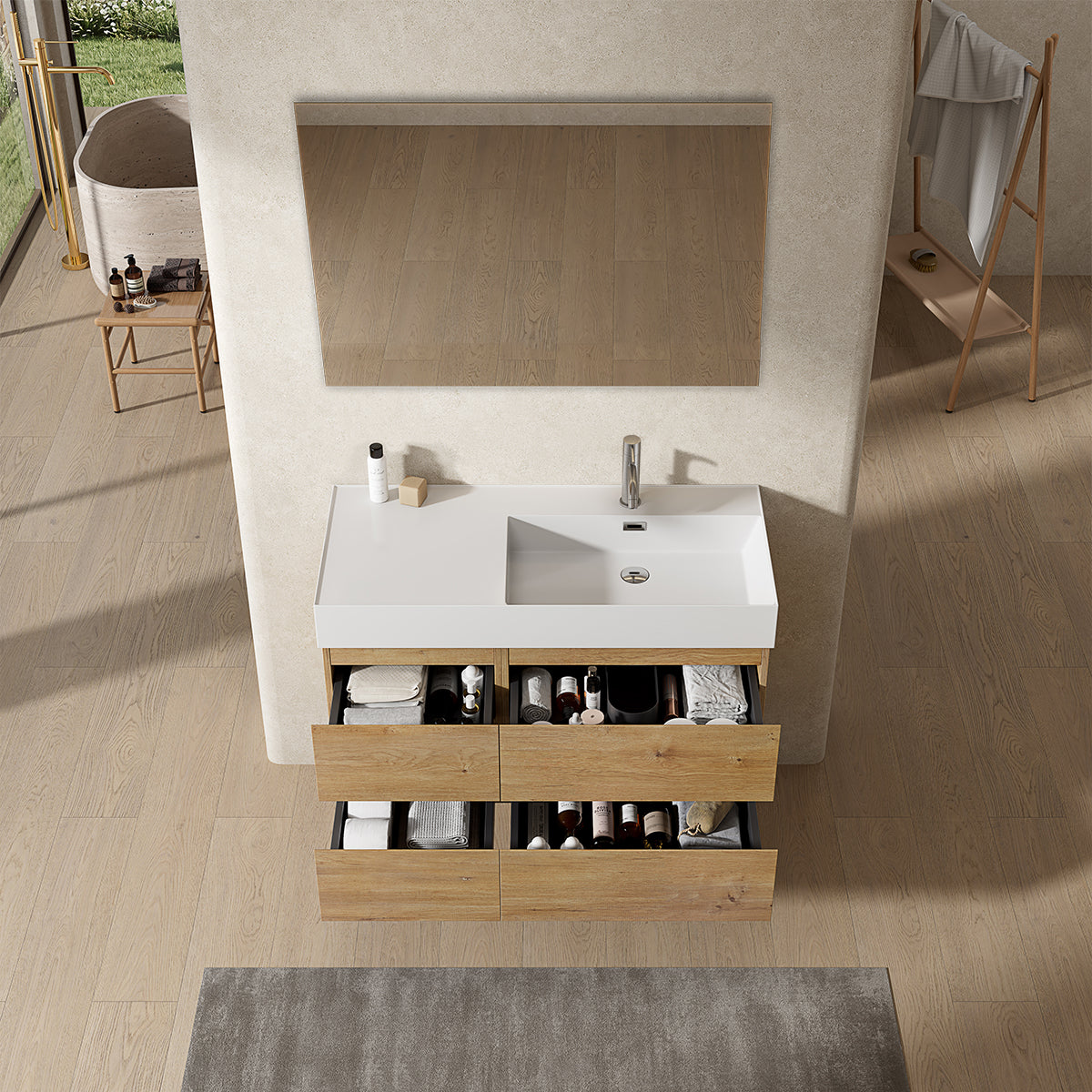 Mobile bagno sospeso 100 cm Bruno Medio Lavabo a Destra in Resina Specchio Quadro - Fiji Wood