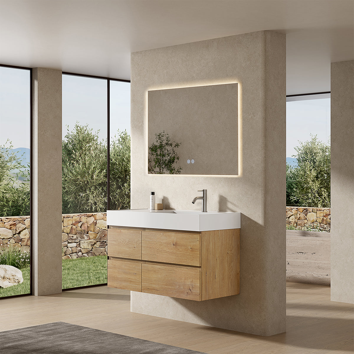 Mobile bagno sospeso 100 cm Bruno Medio Lavabo a Destra in Resina Specchio Quadro Retroilluminato - Fiji Wood