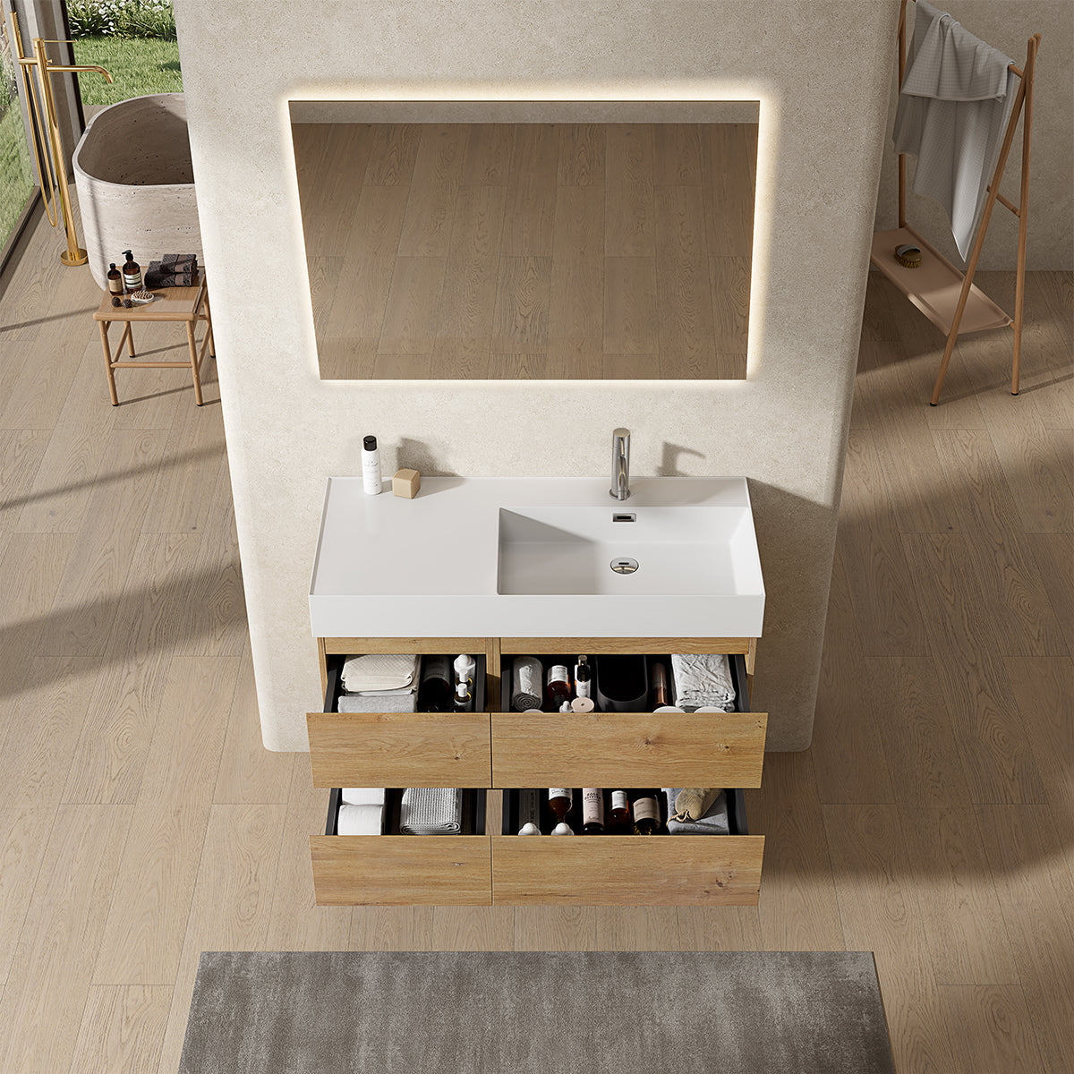 Mobile bagno sospeso 100 cm Bruno Medio Lavabo a Destra in Resina Specchio Quadro Retroilluminato - Fiji Wood