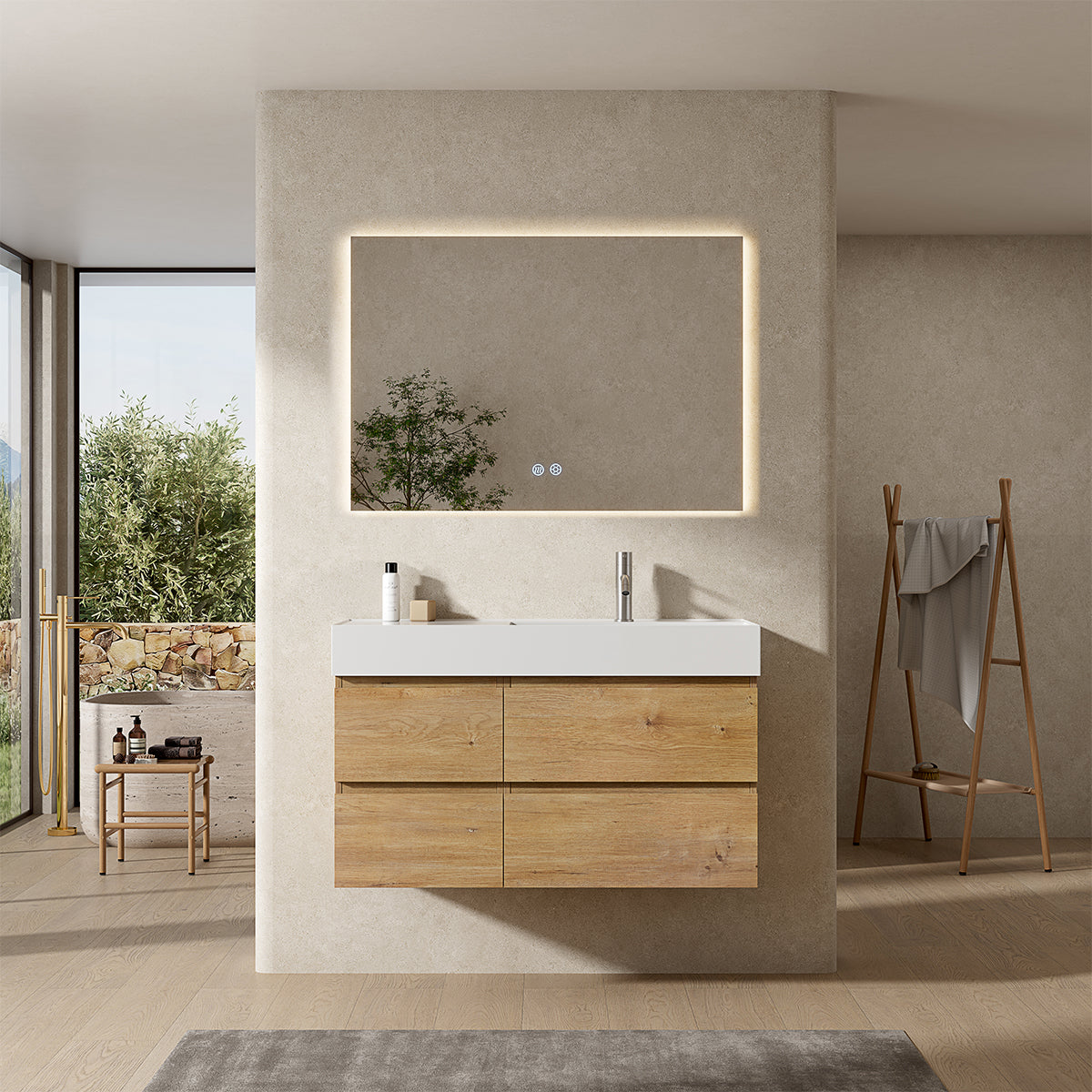 Mobile bagno sospeso 100 cm Bruno Medio Lavabo a Destra in Resina Specchio Quadro Retroilluminato - Fiji Wood